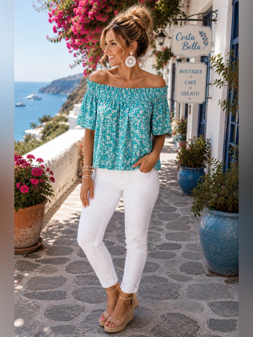 Counterparts Sea Green Floral Off Shoulder Peasant Top Size L